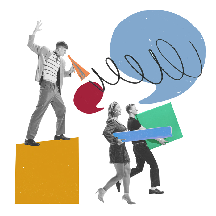 Conceptual illustration of people getting lots of loud information and taking it away to use