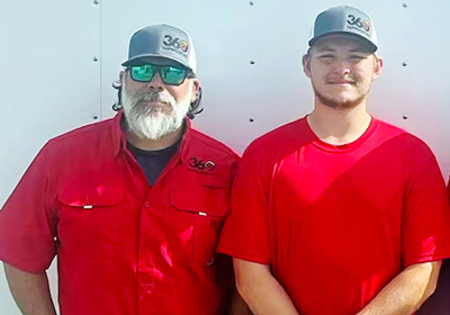 Services: Branded promotional products as shown in these two men wearing baseball caps with 360 Impressions